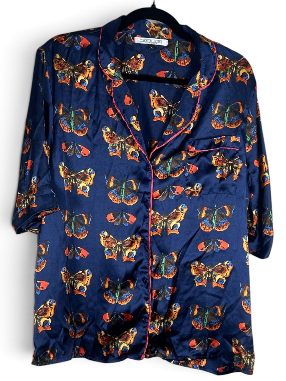 Their Nibs Butterfly Print Satin Pajama Top Women L Navy Whimsigoth Lounge Fairy